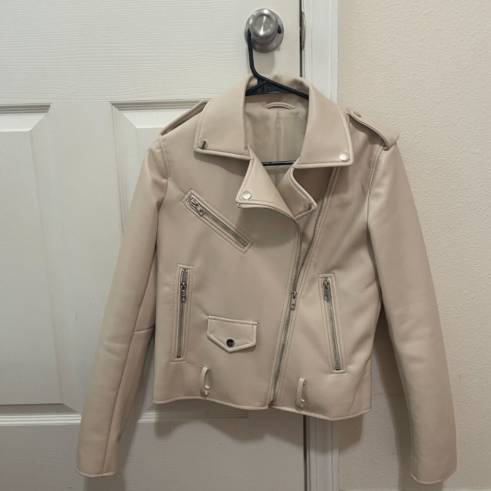 Light Beige Faux Leather Moto Jacket